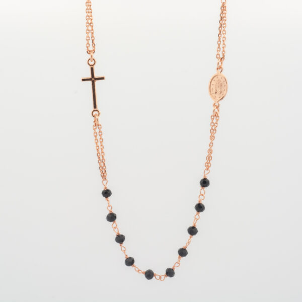 Collana rosario modello a giro pietre nere argento rosè 1 pezzo per confezione